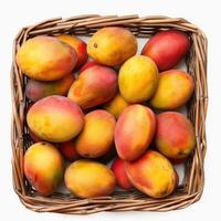 A basket of ripe, colorful mangoes with vibrant red and yellow hues. photo