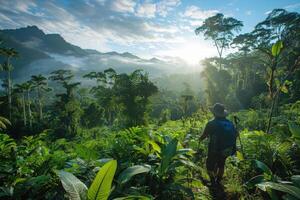 Traveler exploring lush tropical rainforest at sunrise, surrounded by towering trees and mist-covered mountains. photo