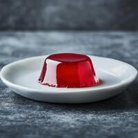 Vibrant red gelatin dessert on a simple white plate against a textured background. photo
