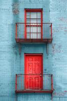 Vibrant red doors and balconies against a weathered blue brick wall create an eye-catching contrast. photo