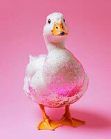 A sparkling duck covered in pink glitter on a vibrant pink background. photo