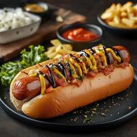 Delicious gourmet hot dog topped with mustard and barbecue sauce, served with fries. photo