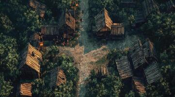 Medieval-inspired wooden village nestled within a lush forest. photo