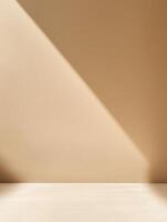 Minimalist beige interior with natural light casting geometric shadows on walls. photo