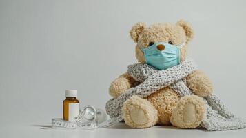 Teddy bear wearing mask and scarf, symbolizing care and health during flu season. photo