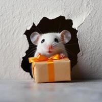 Adorable mouse peeks out of a hole with a gift wrapped in orange ribbon. photo