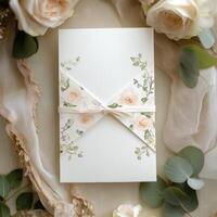 Elegant floral invitation card surrounded by soft roses and delicate greenery. photo