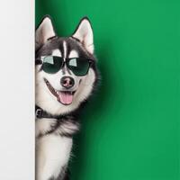 Siberian Husky wearing sunglasses posing against a vibrant green background. photo