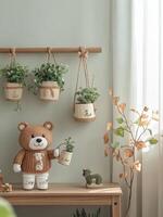 Cozy room with a cute teddy bear and hanging plants near a sunlit window. photo