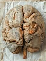 Artistic depiction of a human brain made with vintage newspaper clippings. photo
