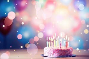 A birthday table centerpiece with a frosted cake and out-of-focus balloons in the background. photo