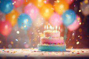 Frosted cake adorned with candles and colorful sprinkles, with a soft-focus balloon backdrop. photo