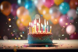 Elegant birthday setup featuring a lit cake and softly glowing balloons in the background. photo