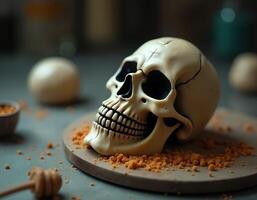 Decorative Skull for Dia de Muertos with Crushed Sugar and Honey on Display photo