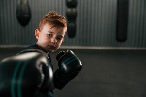 Portrait of boy that is practicing boxing in the gym with glowes on hands.. photo