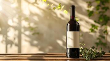 A bottle of wine sits on a table with leaves photo