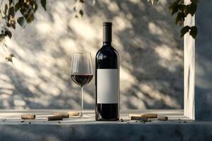 A bottle of wine and a glass of wine on a table photo