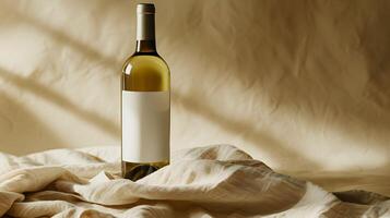 A bottle of wine sitting on a bed of fabric photo