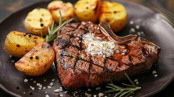 Grilled steak with potatoes and salt photo