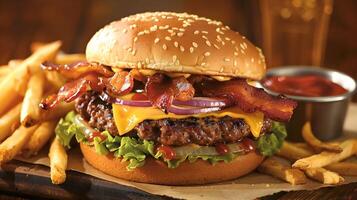 A hamburger with bacon, cheese and onions photo