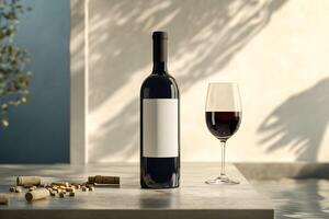 A bottle of wine and a glass sit on a table photo