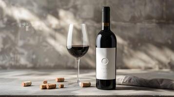 A bottle of wine and a glass of wine next to a cork photo