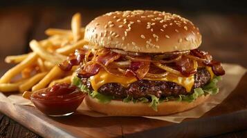 A hamburger with bacon and cheese on it photo