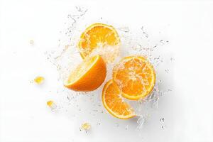 Orange slices are being splashed with water photo