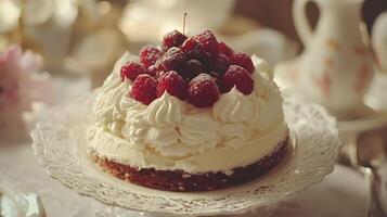 A cake with white frosting and raspberries on top photo