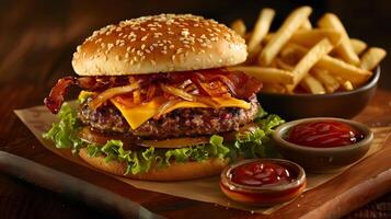 A hamburger and fries on a wooden cutting board photo