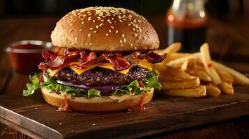 A hamburger with bacon and cheese on a wooden board photo