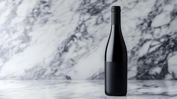 A black wine bottle sitting on a marble counter photo