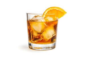 An orange slice is on top of a glass of whiskey photo
