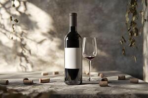 A bottle of wine and a glass sitting on a table photo