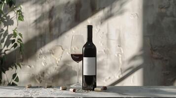 A bottle of wine and a glass sitting on a table photo