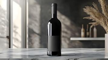 A bottle of wine on a table in front of a window photo