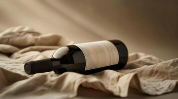 A wine bottle on a cloth with a blanket photo