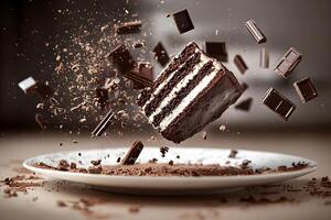 A piece of chocolate cake is being thrown into the air photo
