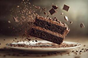 A piece of chocolate cake is being thrown into the air photo