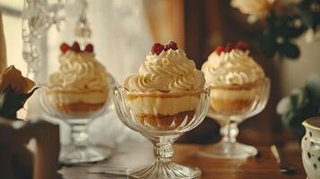 Three desserts in glasses on a table photo