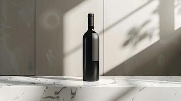 A bottle of wine sitting on a marble counter photo