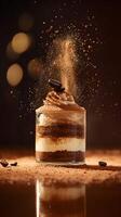 A dessert with chocolate and cream on a table photo