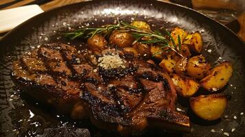 A steak and potatoes on a black plate photo