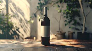 A bottle of wine sitting on a table in front of a plant photo