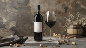 A bottle of wine and a glass of wine on a table photo