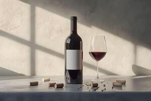 A bottle of red wine and a glass sit on a table photo