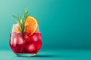 A glass of red drink with orange slices and rosemary sprig photo
