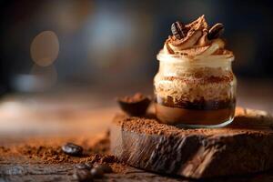 A dessert in a glass jar on a wooden table photo