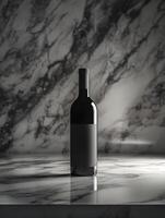 A bottle of wine is sitting on a marble counter photo