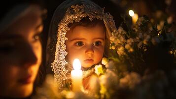A serene moment of reflection with a child and candlelight during a traditional cultural festival photo